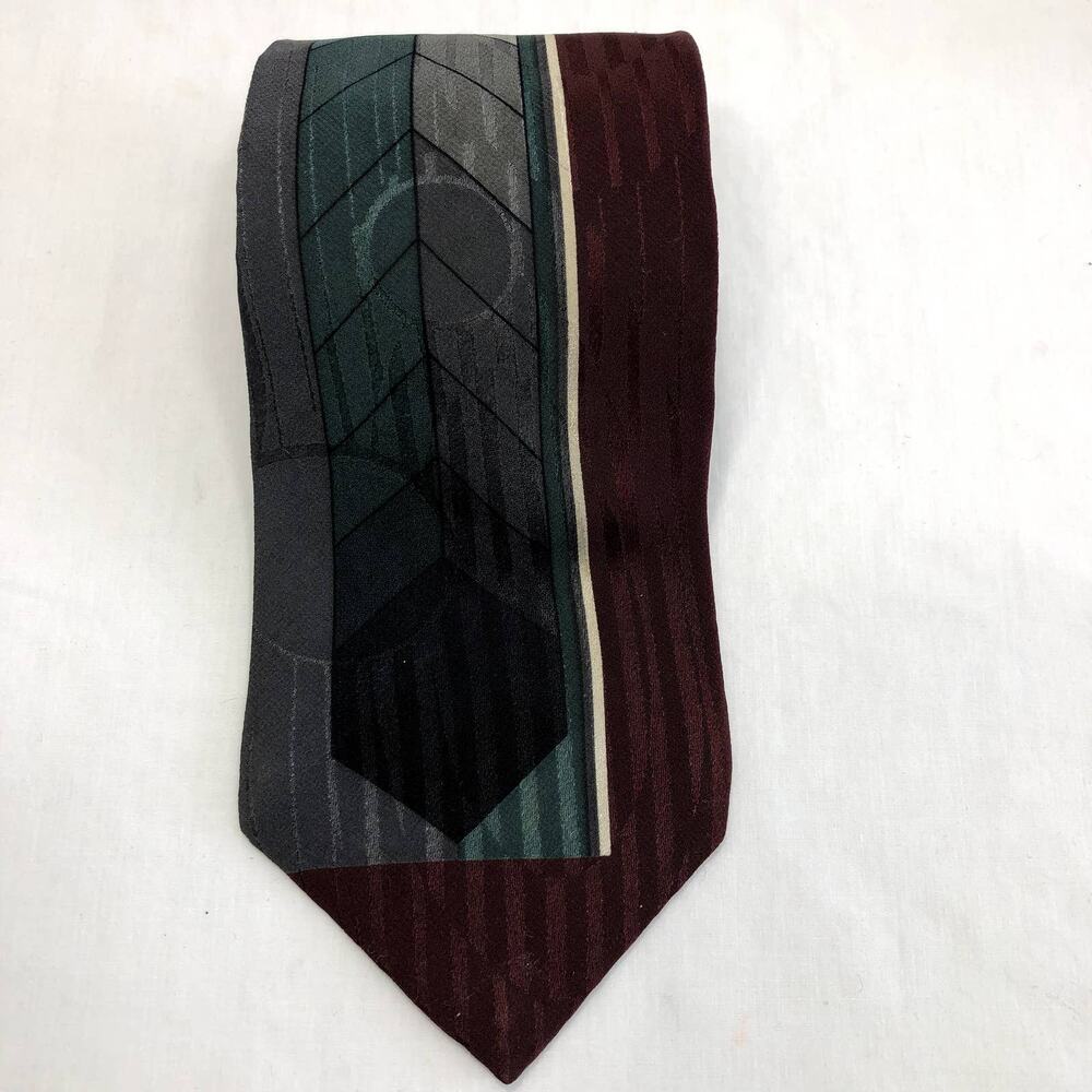 Courreges Homme Men's Silk Tie Maroon Gray Cube Geometric Pattern Necktie